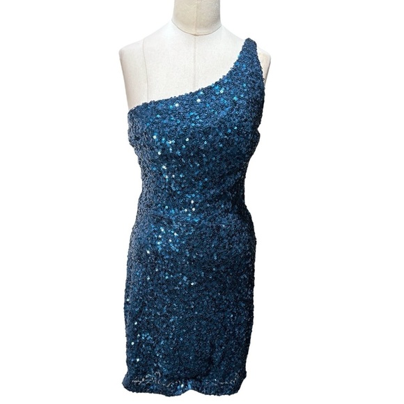 B. Darlin Sequin One shoulder Bodycon Mini Dress deep turquoise Junior size 5/6 - Picture 3 of 13